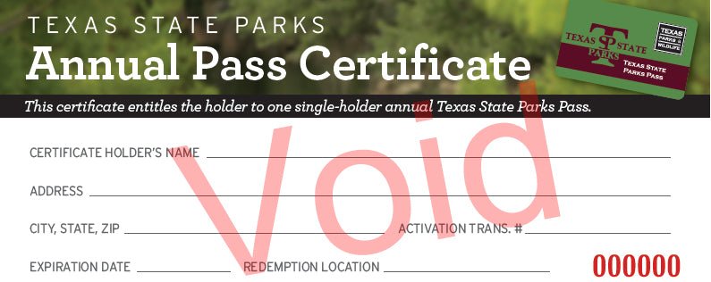 Texas State Parks Annual Pass Certificate - US Park Pass