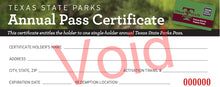Load image into Gallery viewer, Texas State Parks Annual Pass Certificate